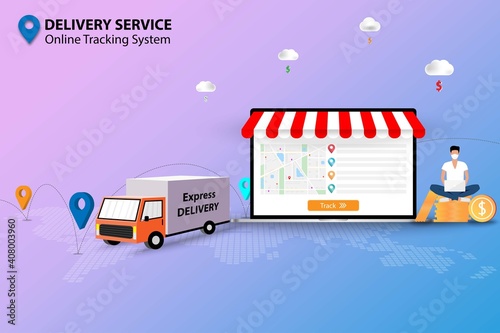 Concept of delivery service with online tracking system, businessman wear a medical white mask and sit on top of coin stack to check status of the shipment to deliver the goods to customer on time.