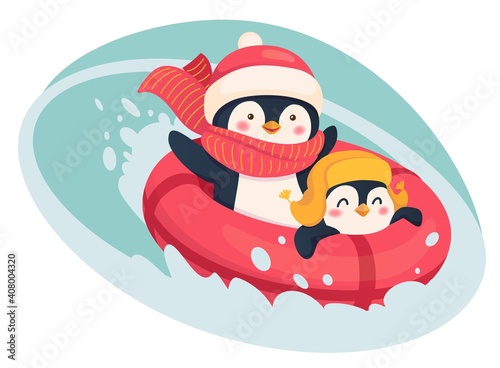 Penguins on snow tube