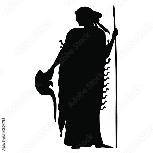 Silhouette of standing ancient Greek goddess Athena or Minerva with spear and helmet. Vase painting style.