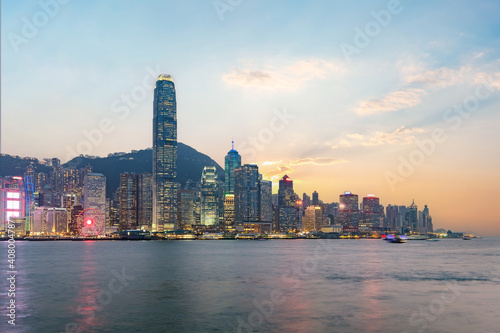 Hong Kong skyline on the evening seen from Kowloon, Hong Kong, China.