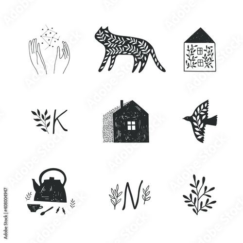 Hand drawn set of symbols and illustrations.