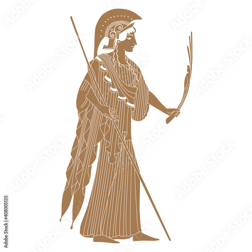 Standing ancient Greek goddess Athena or Minerva holding spear and branch. Choice between peace and war. Monochrome brown and white silhouette.