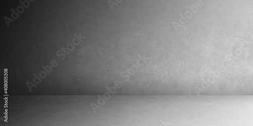 Room empty of cement floor with dark and light bulbs in room with concrete wall texture background.