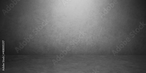 Room empty of cement floor with dark and light bulbs in room with concrete wall texture background.