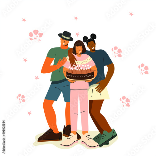 girls and guy hugging, birthday