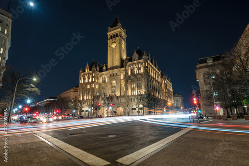 Old post office Washington DC with traffic light at night, United States, USA downtown, Architecture and Landmark with transportation, Historic travel and tourist concept photo