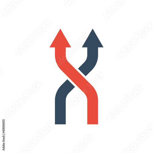 two intersecting arrows moving up or forward, vector bicolor icon
