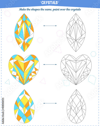 Coloring book to develop attention, spatial and motor skills. The task to color the crystals according to the sample