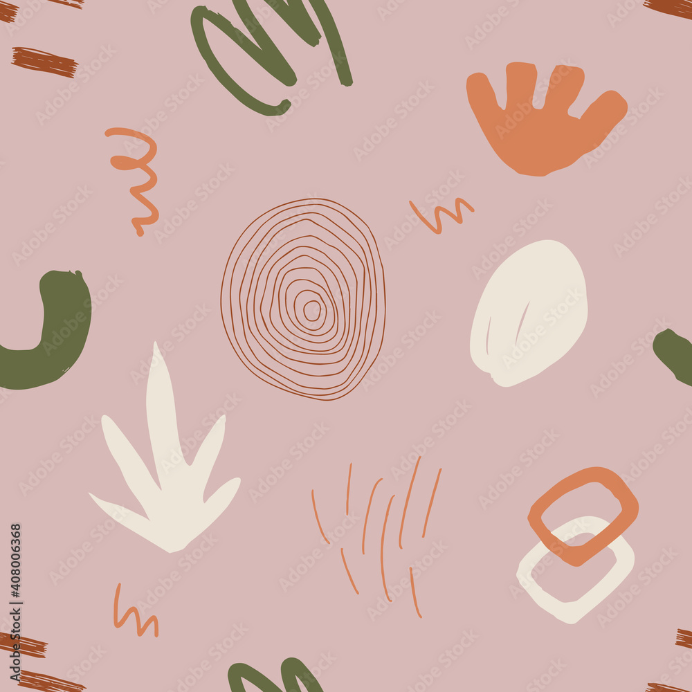 Fototapeta premium Abstract seamless pattern in trendy style with botanical and geometric elements, textures. Trendy bright colors. Vector illustration.