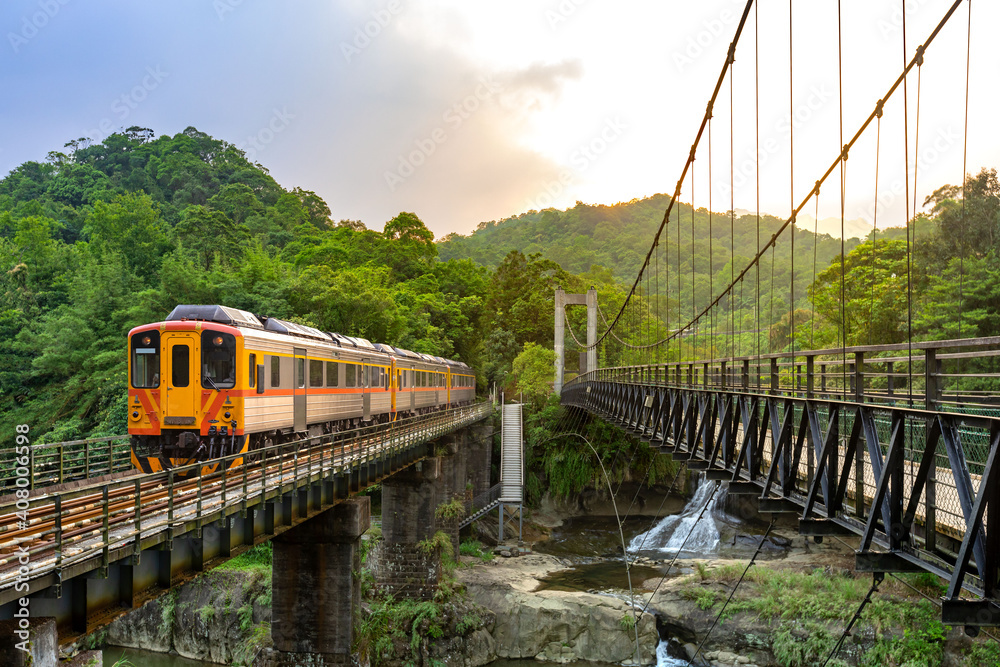 Naklejka premium Trains Traveling at Pingxi Line in , New Taipei City, Taiwan