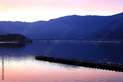 Lake Kawaguchi near Mount Fuji at sunset in Kawaguchiko, Yamanashi, Japan.