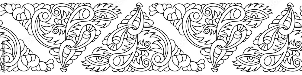 Fototapeta premium Hand-drawn seamless horizontal border with abstract elements . Curls, hearts, eyes. Psychedelic background . For fabric, Wallpaper, phone.