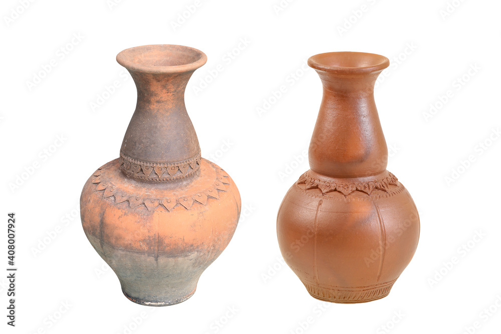 pottery clay jug old and new isolated on white background with clipping path include pottery clay jug old and new isolated on white background with clipping path include