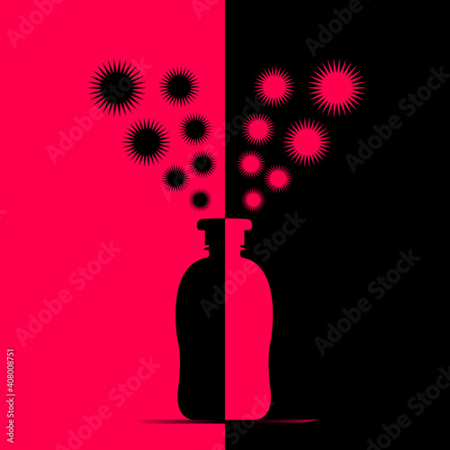 Abstract image of a bottle with a cosmetic product for daily hygiene with an escaping smell in the form of stars.