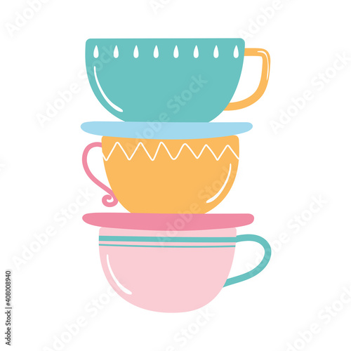 tea and coffee stack of colored cups icon over white background