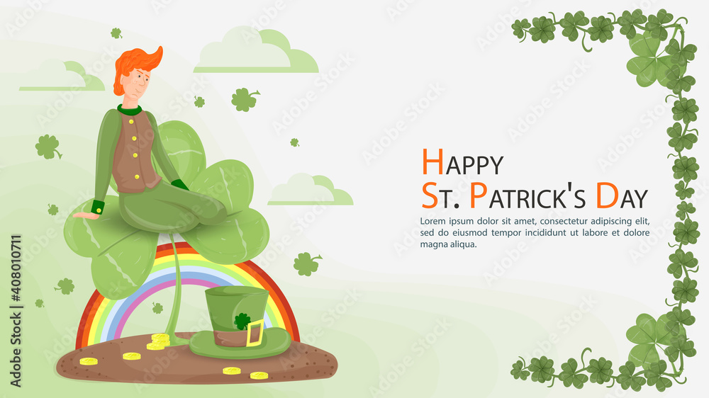 Fototapeta premium Flat illustration banner for decorating designs on the theme of celebrating the Irish St. Patrick's Day a guy in a leprechaun dwarf costume sits on a leaf of a clover flower on a rainbow background