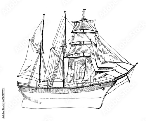 Antique sail boat. Black and white sketch.