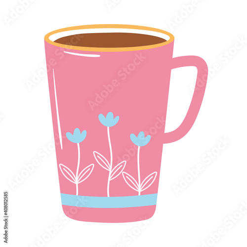 tea and coffee cup with printed flowers icon over white background
