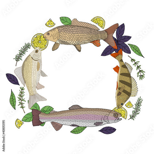 River fish with lemon and spice hand drawn, colorful frame. Food menu, banner template.Vector illustration.