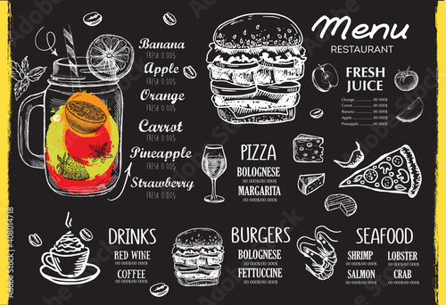 Brochure Restaurant , menu, template design. Food flyer. Hand-drawn style.	