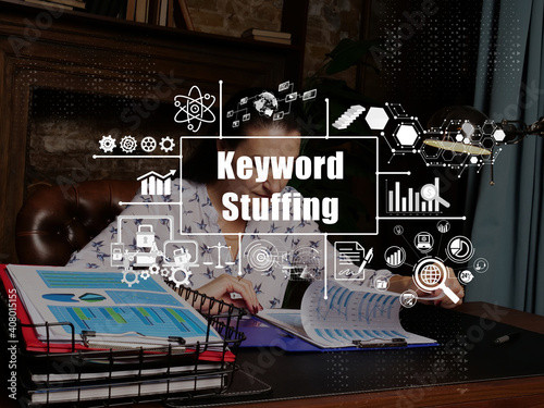 Εκτύπωση καμβά Financial concept about Keyword Stuffing with woman checking agreement document on background
