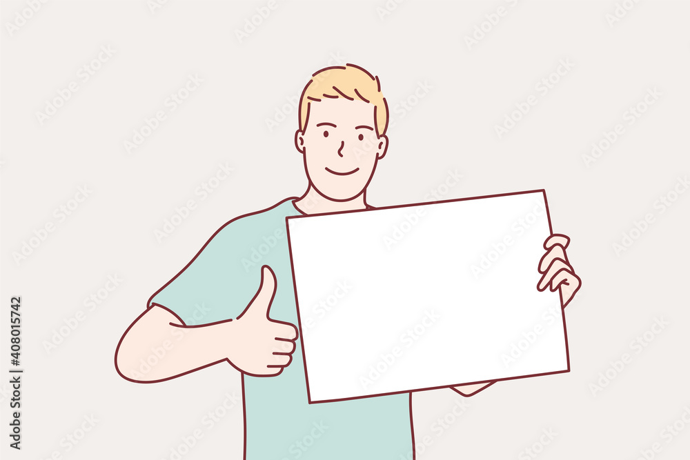 Man holding blank paper and showing thumbs up. Hand drawn style vector design illustrations. Man holding blank paper and showing thumbs up. Hand drawn style vector design illustrations.