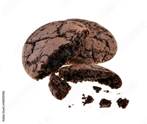  chocolate brownie cookies on white background.