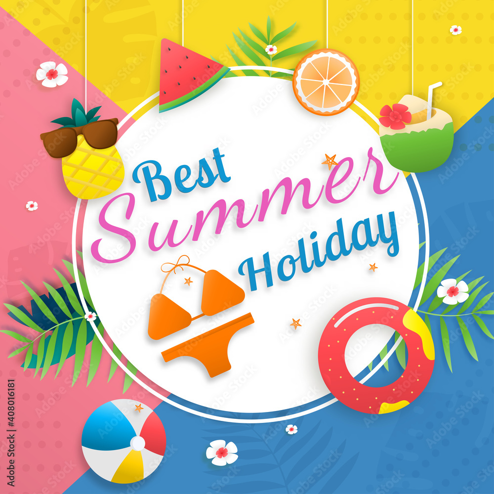 Shopping online vector banner graphic digital marketing. fresh bright banner paper art shopping summer day sale. Happy colorful concept for Summer Season.