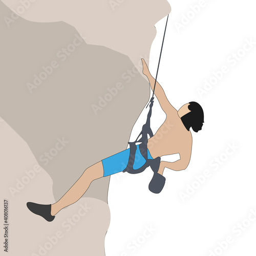 Climber man climb on rock with rope