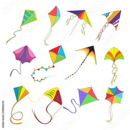 Flying kite set, colored kids toys in high sky, indian holiday
