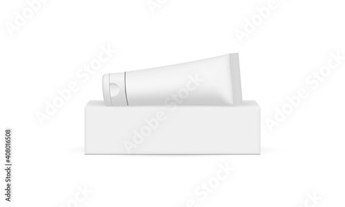 Plastic Cosmetic Tube on Horizontal Packaging Box Mockup Isolated on White Background. Vector Illustration