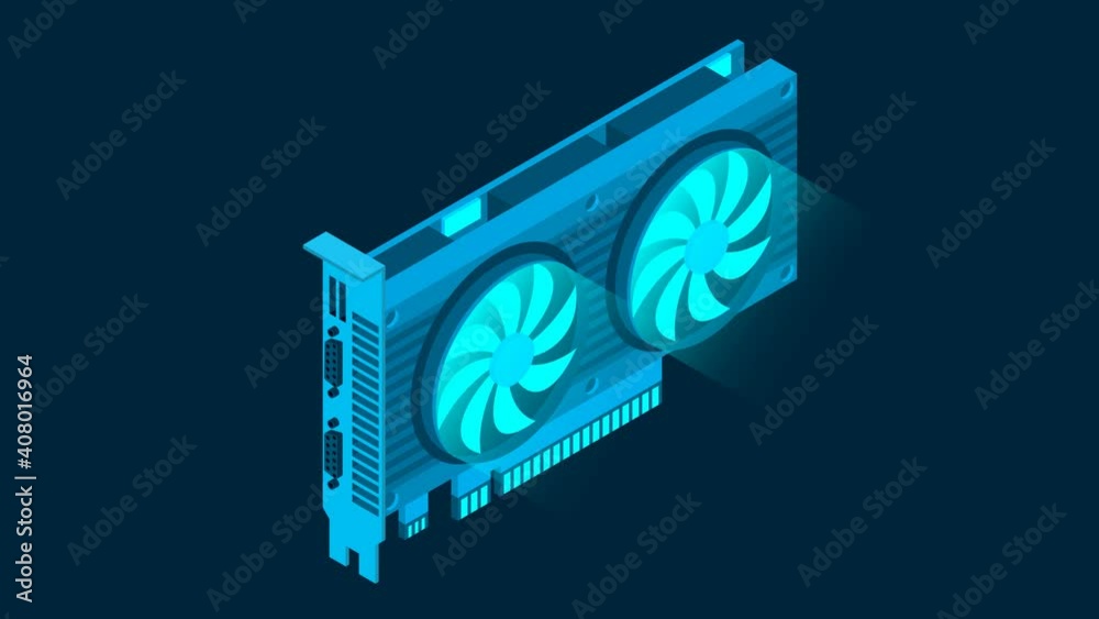 3d isometric video graphic card. Video Graphics Card for cryptocurrency mining or gaming. Personal computer hardware components. 4K loop video footage