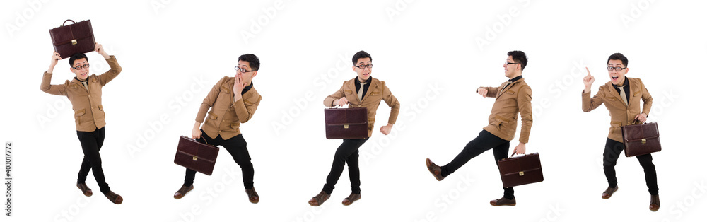 Young man with brown briefcase isolated on white