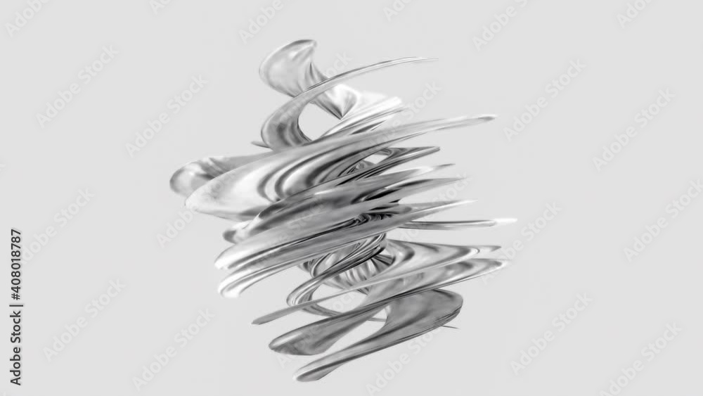 4K 3D rendering abstract art surreal organic object in swirl curve round wavy figure rotating seamless loop on white background. Monochrome abstract animation. 3D digital art, generative art object.