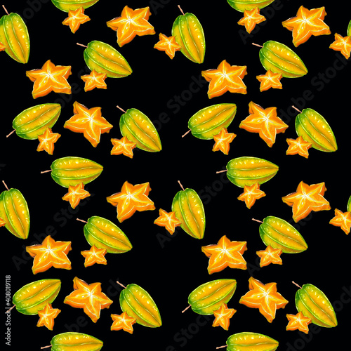 Seamless pattern with exotic tropical carambola fruits. Sweets and yummies.