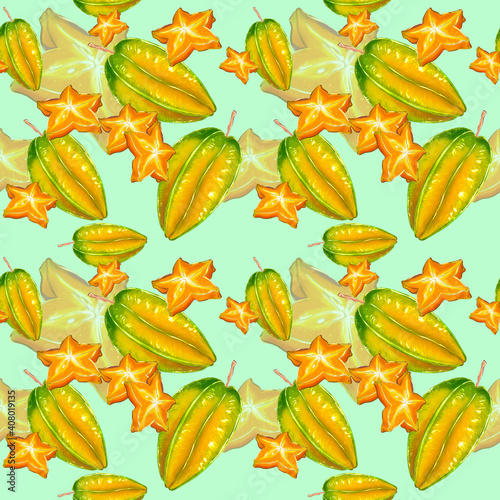 Seamless pattern with exotic tropical carambola fruits. Sweets and yummies.