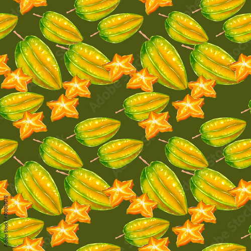 Seamless pattern with exotic tropical carambola fruits. Sweets and yummies.