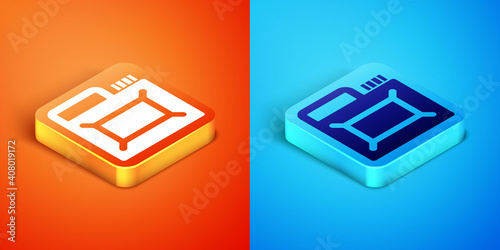 Isometric Canister for motor machine oil icon isolated on orange and blue background. Oil gallon. Oil change service and repair. Engine oil sign. Vector.