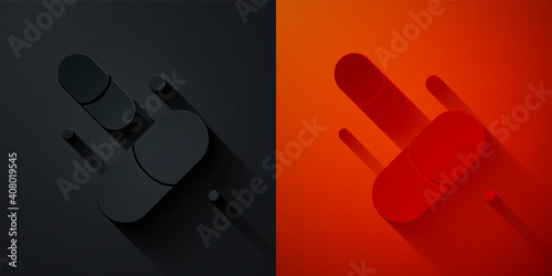 Paper cut Vitamin complex of pill capsule icon isolated on black and red background. Healthy lifestyle. Paper art style. Vector.