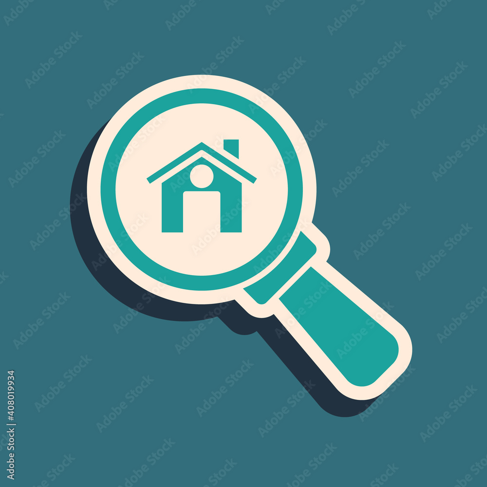 Green Search house icon isolated on green background. Real estate symbol of a house under magnifying glass. Long shadow style. Vector. Green Search house icon isolated on green background. Real estate symbol of a house under magnifying glass. Long shadow style. Vector.