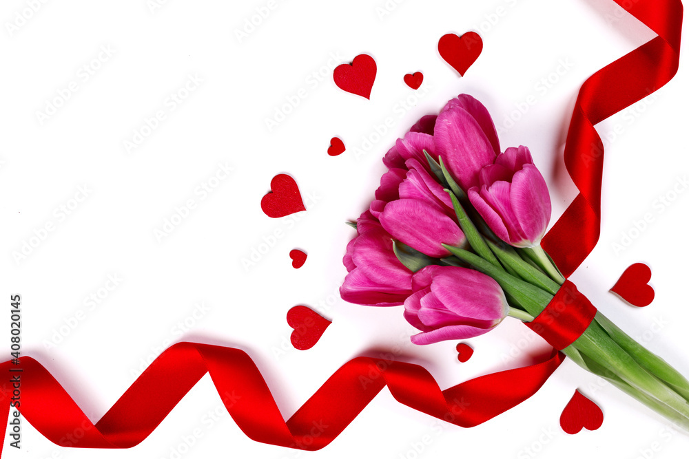 Tulip flowers and hearts on white Tulip flowers and hearts on white