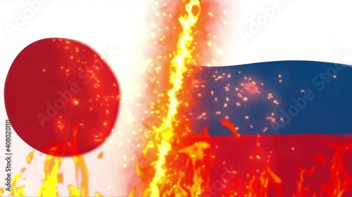 Japan versus Russia flag on fire loop animation photo