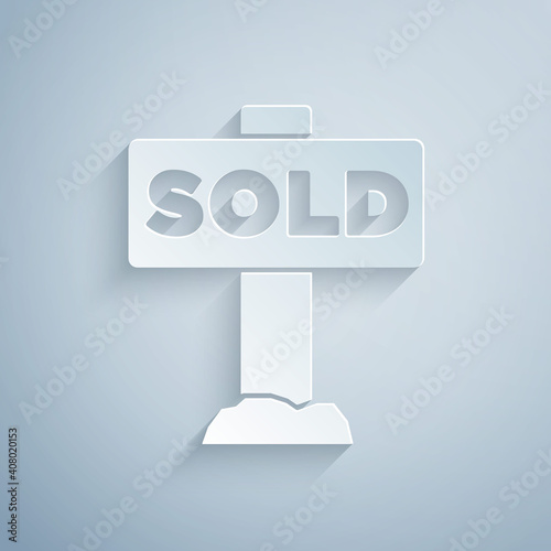 Paper cut Hanging sign with text Sold icon isolated on grey background. Sold sticker. Sold signboard. Paper art style. Vector.