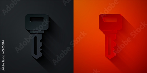 Paper cut House key icon isolated on black and red background. Paper art style. Vector.
