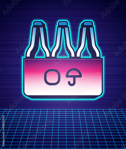 Retro style Pack of beer bottles icon isolated futuristic landscape background. Case crate beer box sign. 80s fashion party. Vector.