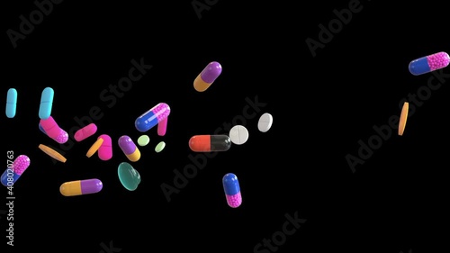 3D animation of medicine pills flow with alpha layer