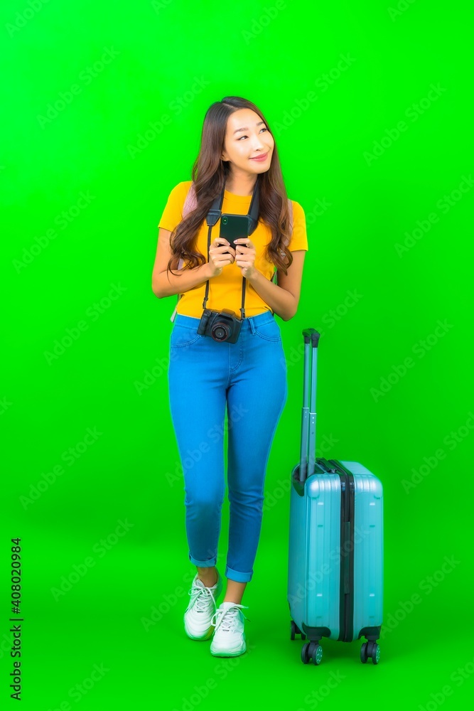 Portrait beautiful young asian woman with camera phone luggage map ready for travel Portrait beautiful young asian woman with camera phone luggage map ready for travel