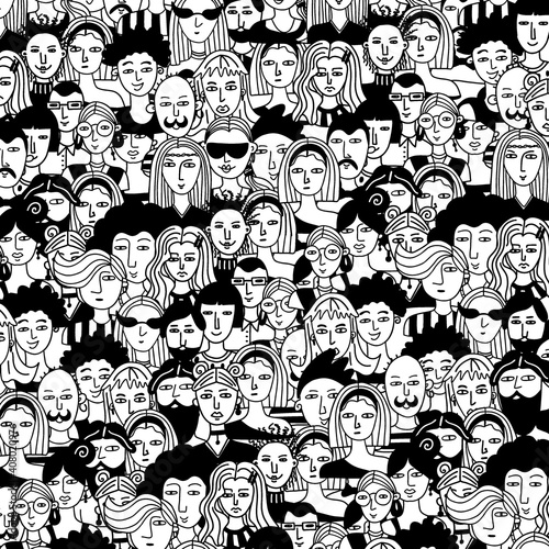 Doodle people pattern. Hand drawn male and female crowd, hipster man and woman portraits, modern human square background, line black and white vector cartoon illustration