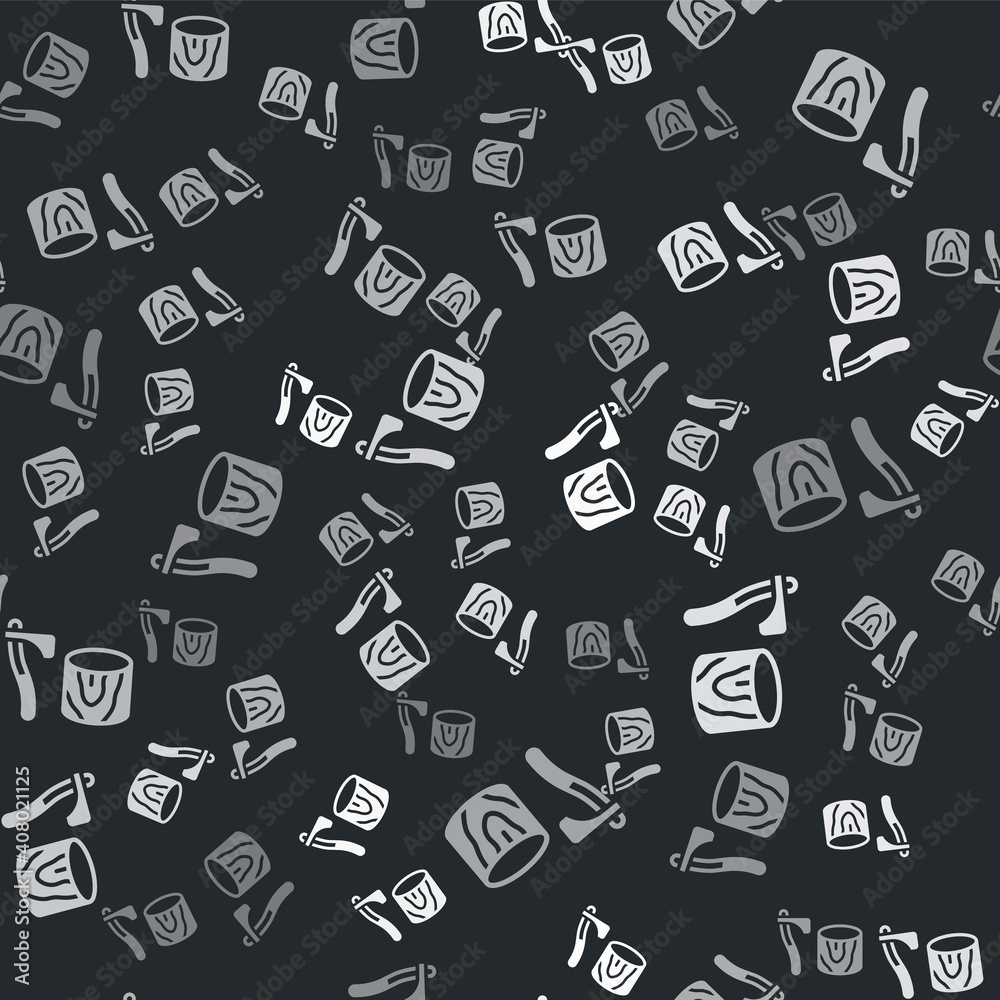 Grey Wooden axe in stump icon isolated seamless pattern on black background. Lumberjack axe. Axe stuck in wood. Chopping wood. Vector. Grey Wooden axe in stump icon isolated seamless pattern on black background. Lumberjack axe. Axe stuck in wood. Chopping wood. Vector.