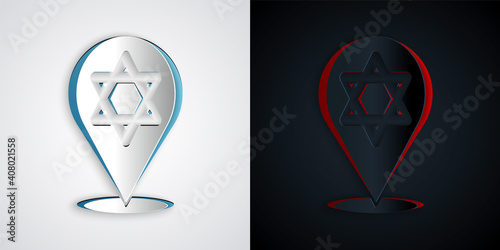 Paper cut Star of David icon isolated on grey and black background. Jewish religion symbol. Symbol of Israel. Paper art style. Vector.